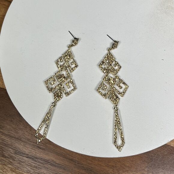 Earrings Women Gold Tone Bronze Stone Dangle Drop Formal Statement 4 Inches 2127 - Picture 5 of 6